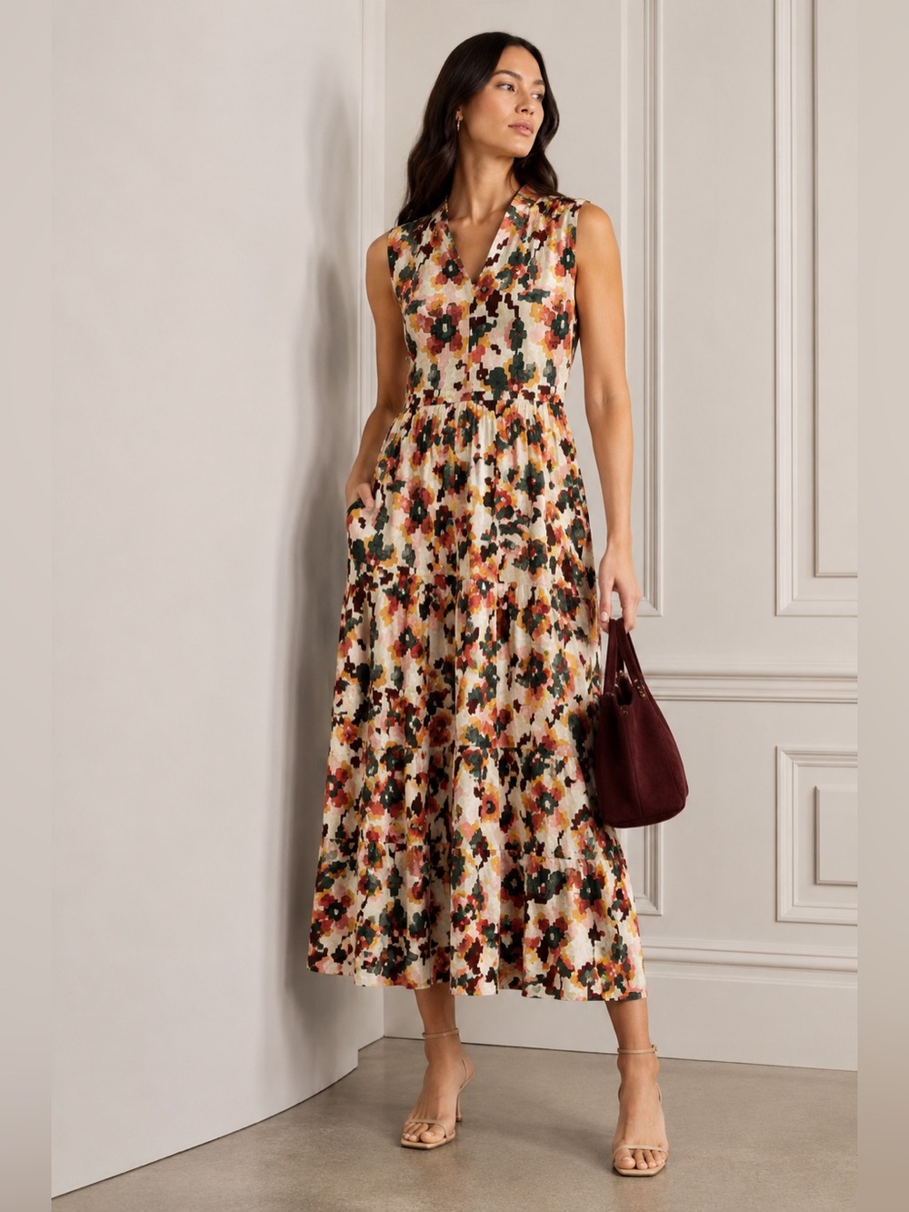 Sonoma Sleeveless Floral Tiered Maxi in Coral, Pink, Black